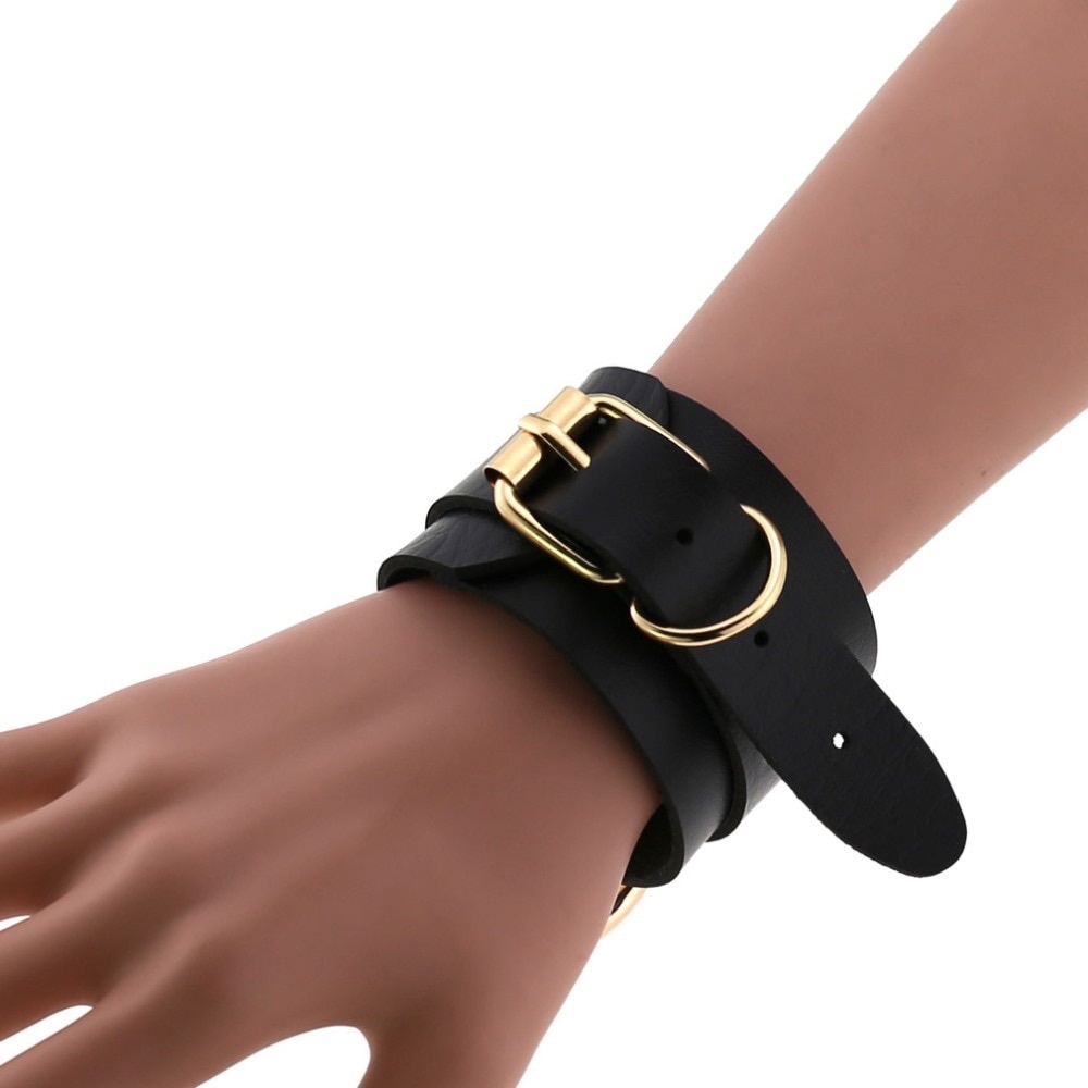 Punk Gothic Black Vegan Leather Metal Ring Bracelet - Picture 2 of 16